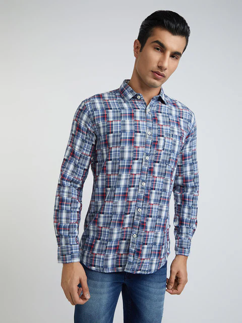 Men Blue Slim Fit Checks Cotton Full Sleeve Shirts