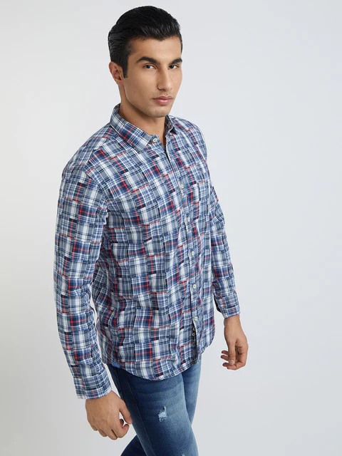 Men Blue Slim Fit Checks Cotton Full Sleeve Shirts - Image 2