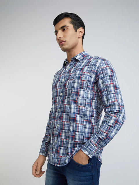 Men Blue Slim Fit Checks Cotton Full Sleeve Shirts - Image 3