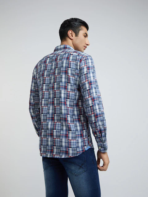 Men Blue Slim Fit Checks Cotton Full Sleeve Shirts - Image 4