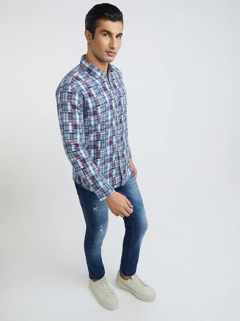 Men Blue Slim Fit Checks Cotton Full Sleeve Shirts - Image 5