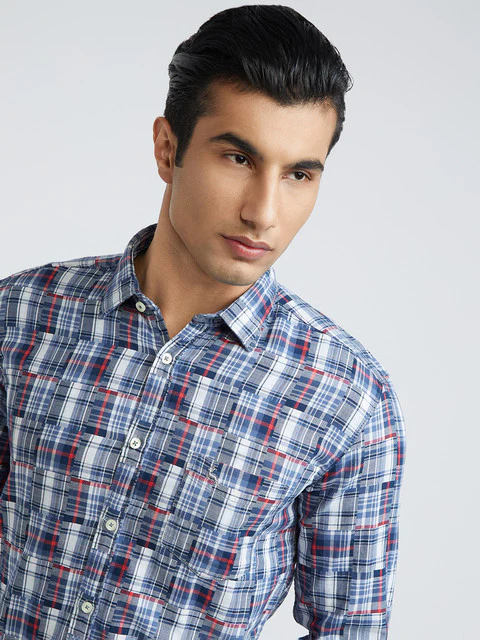 Men Blue Slim Fit Checks Cotton Full Sleeve Shirts - Image 6