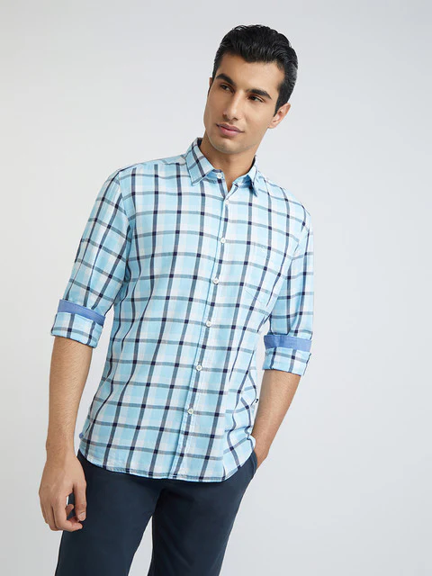 Men Blue Slim Fit Checks Cotton Full Sleeve Shirts