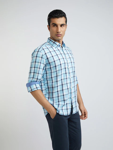 Men Blue Slim Fit Checks Cotton Full Sleeve Shirts - Image 2