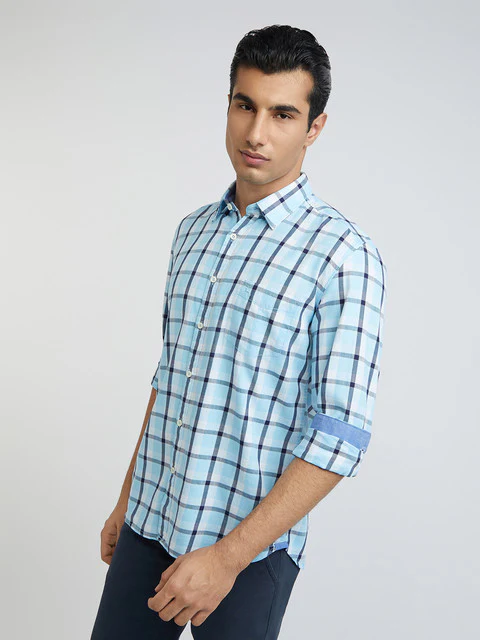Men Blue Slim Fit Checks Cotton Full Sleeve Shirts - Image 3