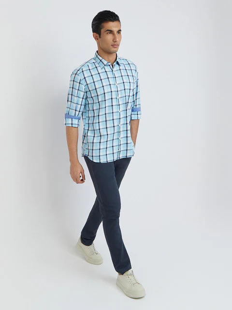 Men Blue Slim Fit Checks Cotton Full Sleeve Shirts - Image 5