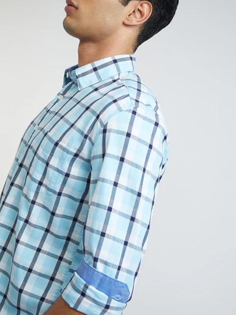 Men Blue Slim Fit Checks Cotton Full Sleeve Shirts - Image 6
