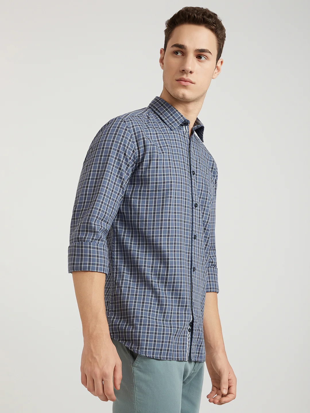 Men Blue Slim Fit Checks Cotton Full Sleeve Shirts - Image 2