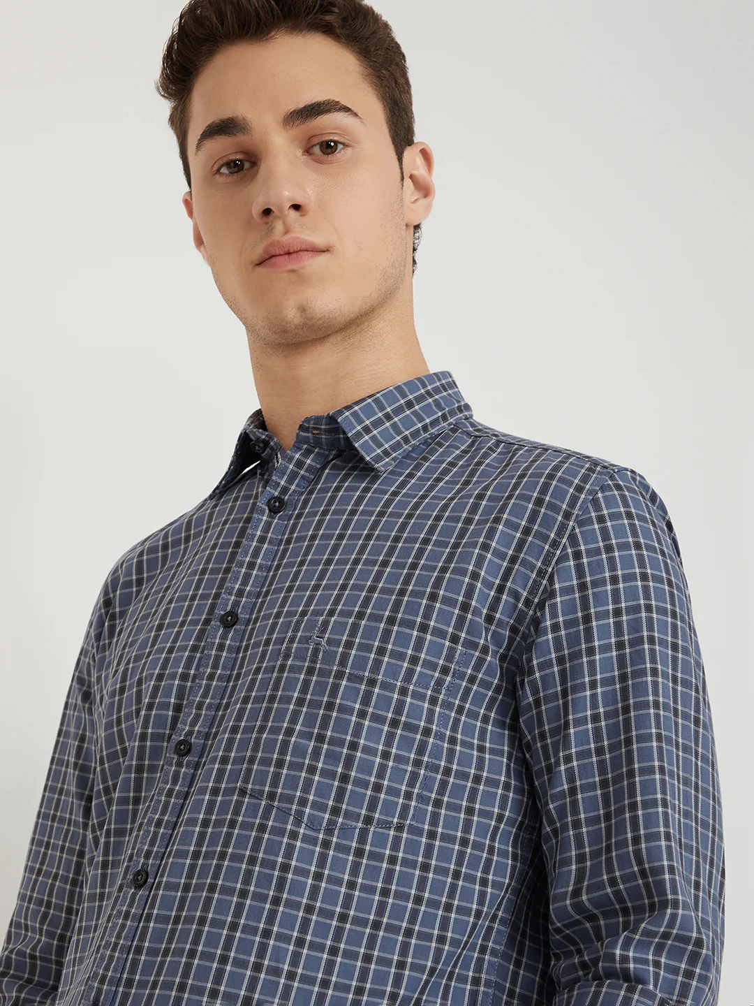 Men Blue Slim Fit Checks Cotton Full Sleeve Shirts - Image 6
