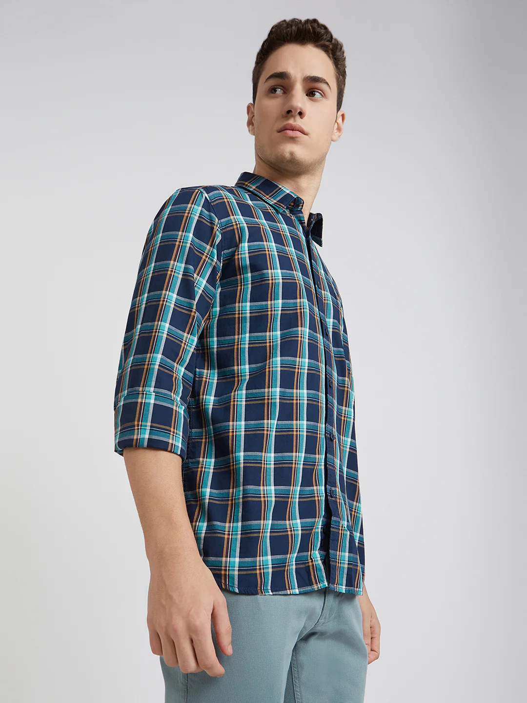 Men Blue Slim Fit Checks Cotton Full Sleeve Shirts - Image 3