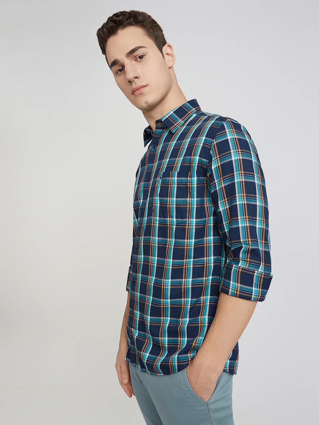 Men Blue Slim Fit Checks Cotton Full Sleeve Shirts - Image 4