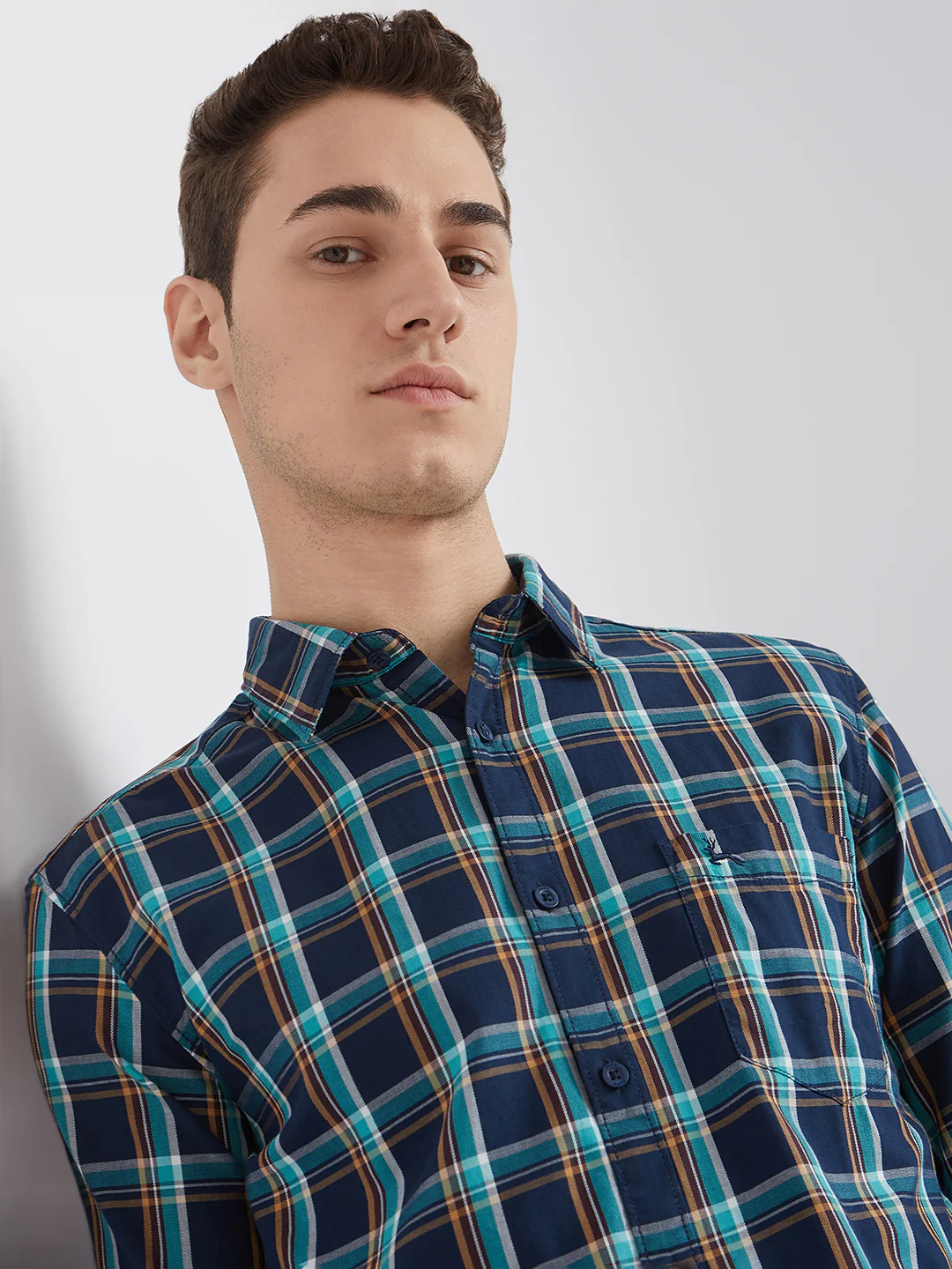 Men Blue Slim Fit Checks Cotton Full Sleeve Shirts - Image 6