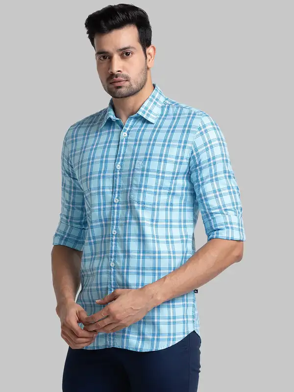 Men Blue Slim Fit Checks Cotton Full Sleeve Shirts - Image 3