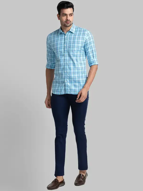Men Blue Slim Fit Checks Cotton Full Sleeve Shirts - Image 5