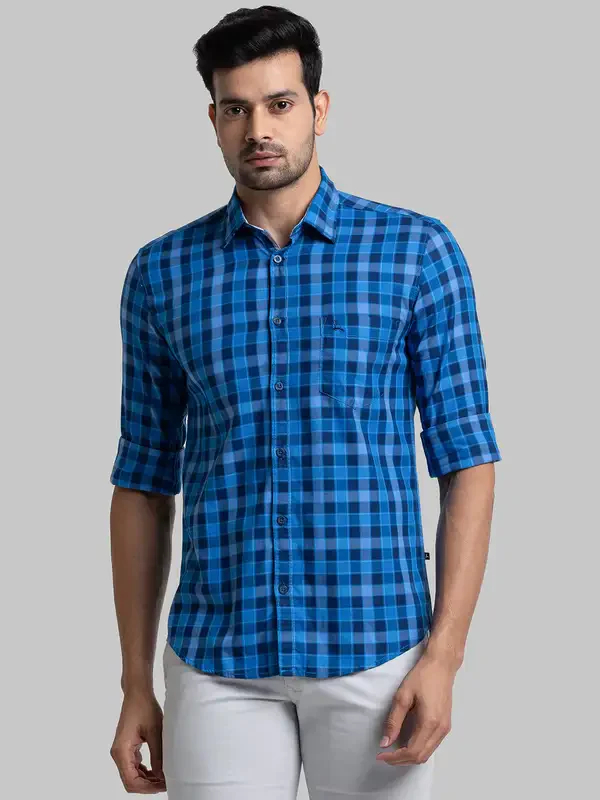 Men Blue Slim Fit Checks Cotton Full Sleeve Shirts