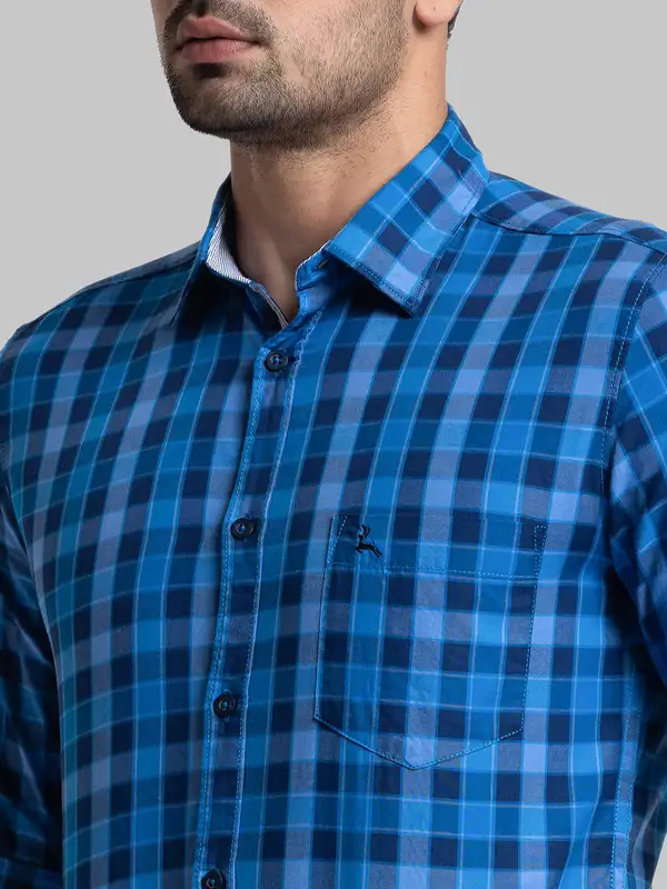 Men Blue Slim Fit Checks Cotton Full Sleeve Shirts - Image 6