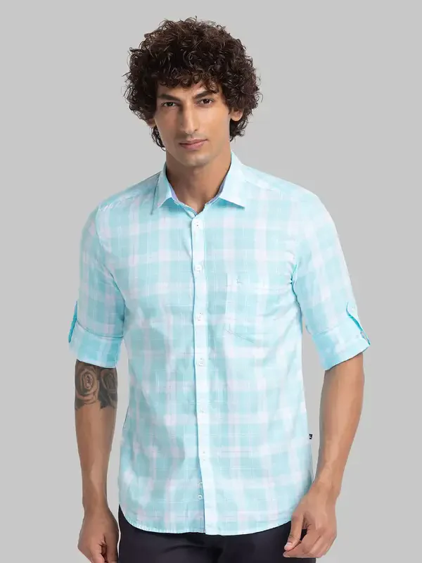 Men Blue Slim Fit Checks Cotton Full Sleeve Shirts