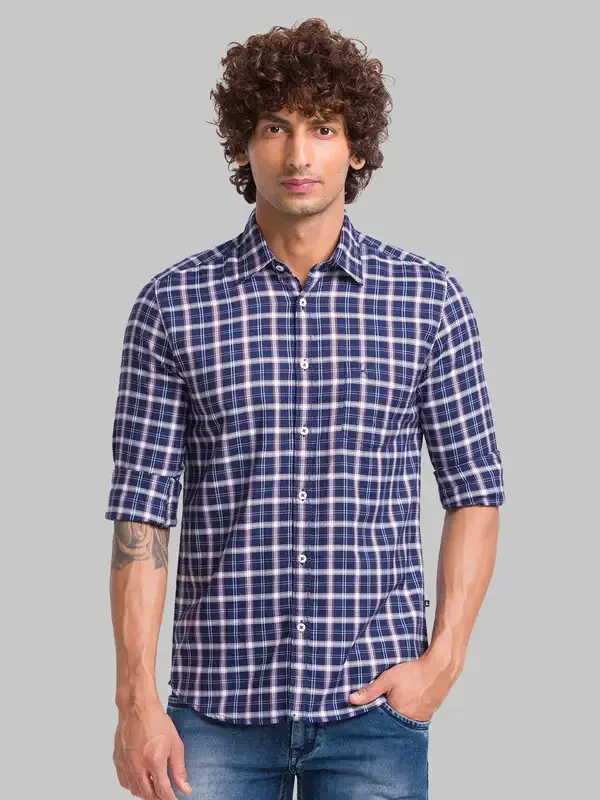 Men Blue Slim Fit Checks Cotton Full Sleeve Shirts