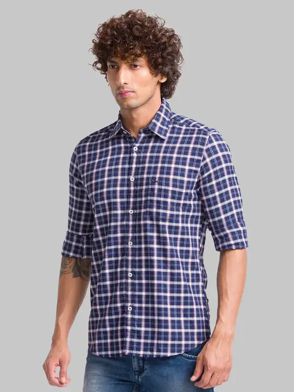 Men Blue Slim Fit Checks Cotton Full Sleeve Shirts - Image 3