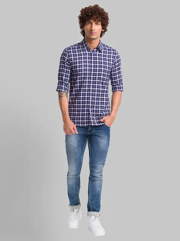 Men Blue Slim Fit Checks Cotton Full Sleeve Shirts - Image 5