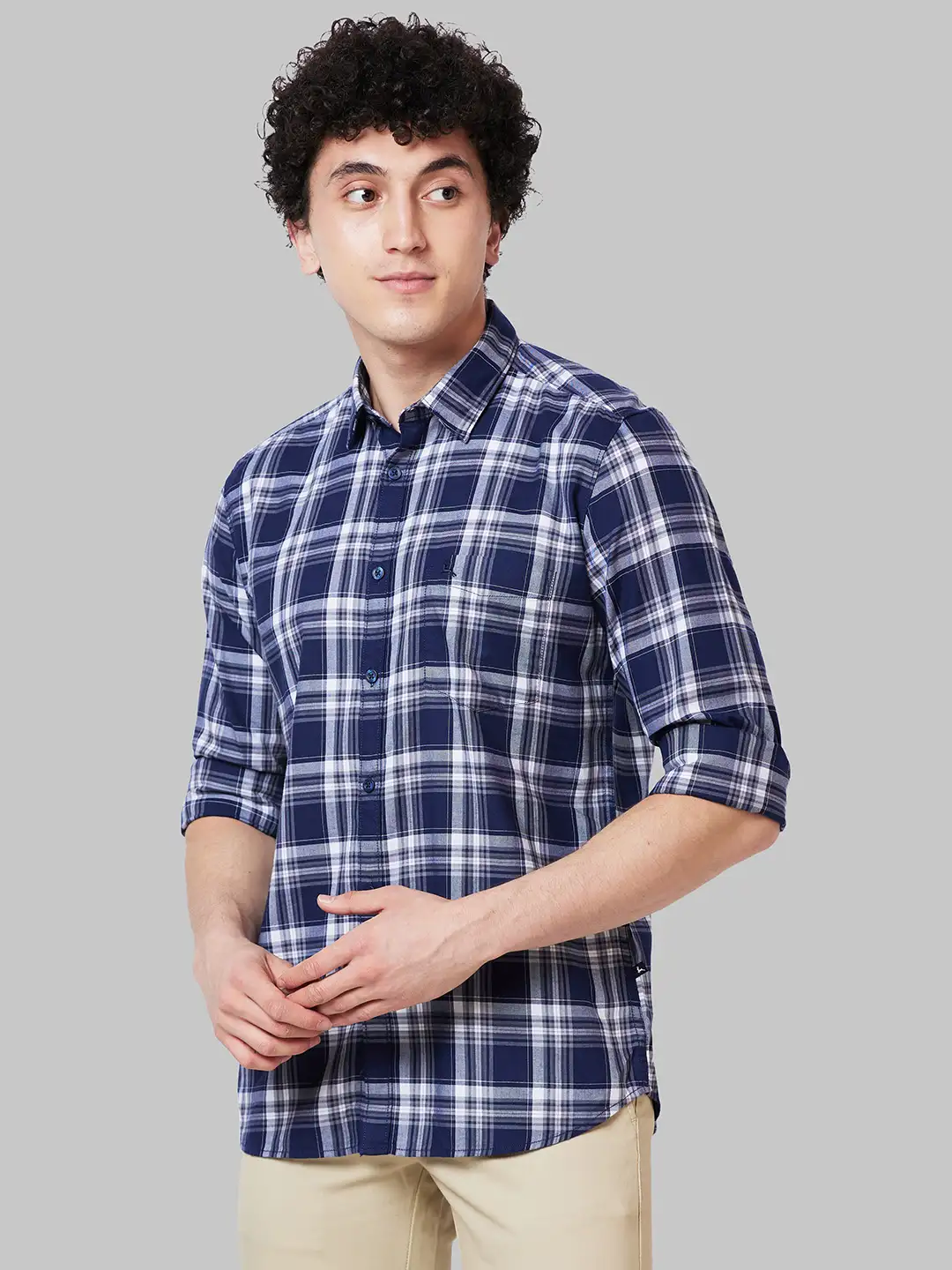 Men Blue Slim Fit Checks Cotton Full Sleeve Shirts - Image 3