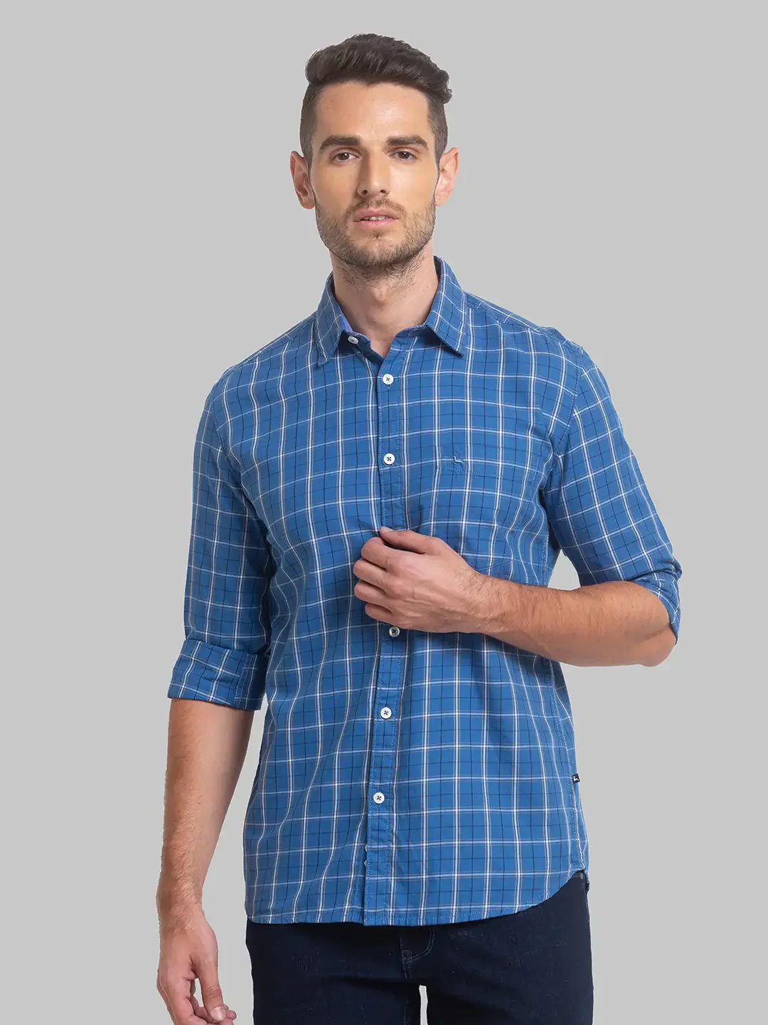 Men Blue Slim Fit Checks Cotton Full Sleeve Shirts