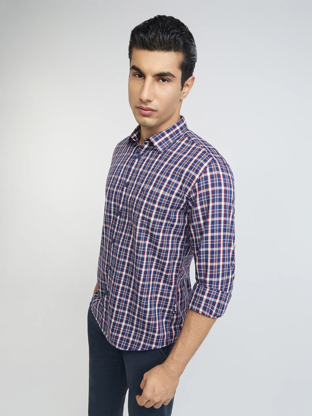 Men Blue Slim Fit Checks Cotton Full Sleeve Shirts - Image 3