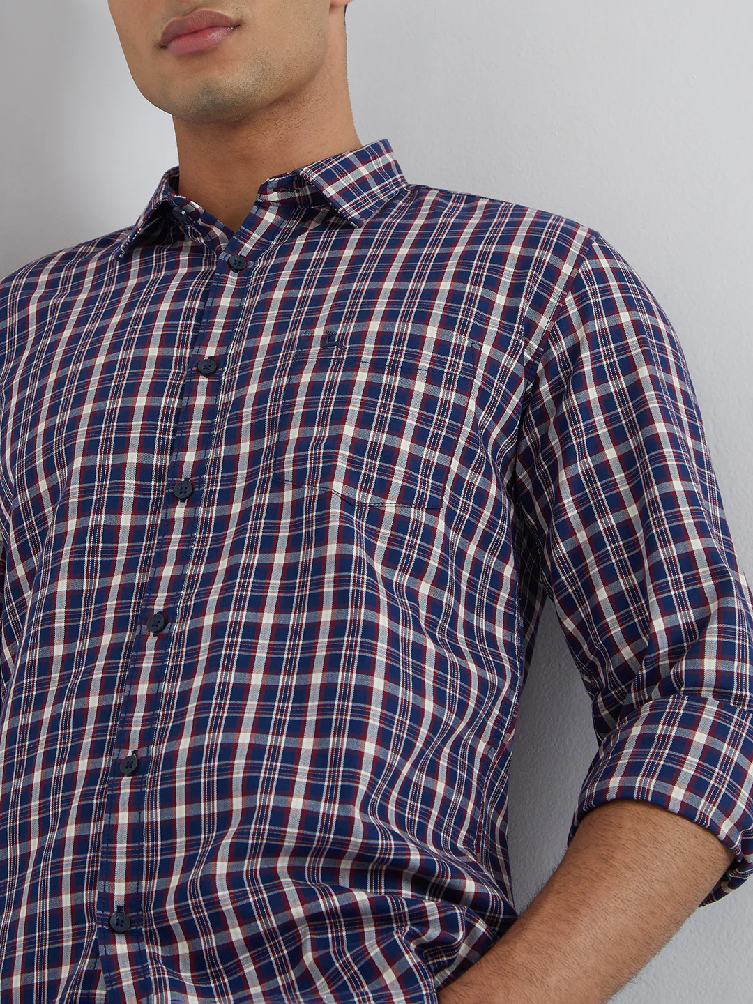 Men Blue Slim Fit Checks Cotton Full Sleeve Shirts - Image 6