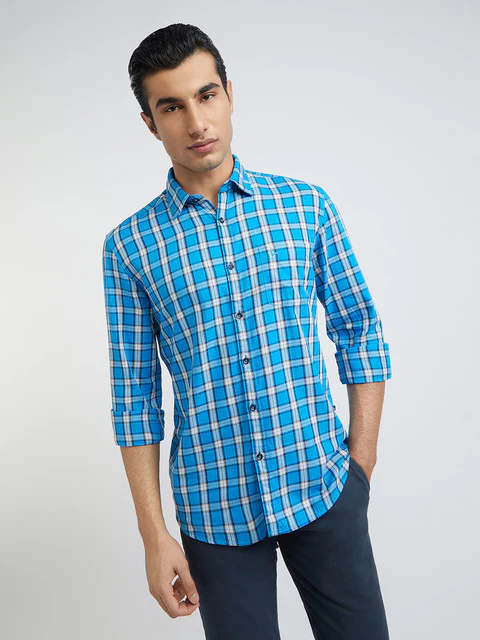 Men Blue Slim Fit Checks Cotton Full Sleeve Shirts