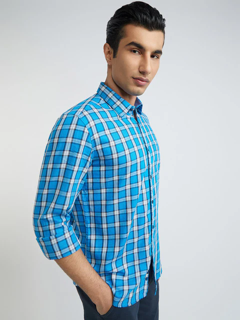 Men Blue Slim Fit Checks Cotton Full Sleeve Shirts - Image 2
