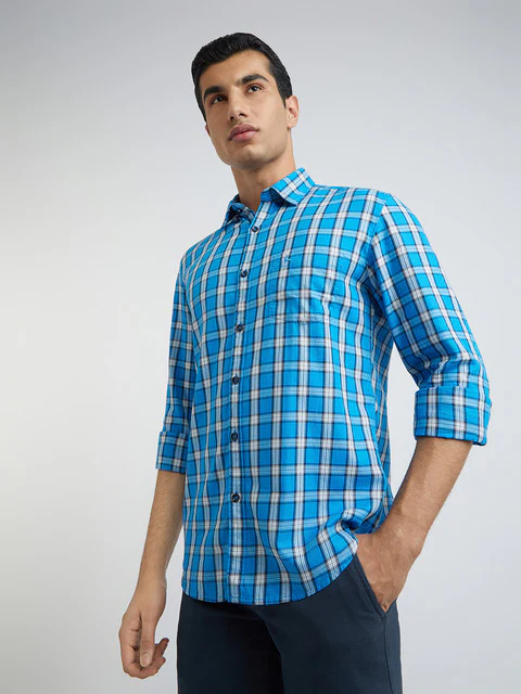 Men Blue Slim Fit Checks Cotton Full Sleeve Shirts - Image 3