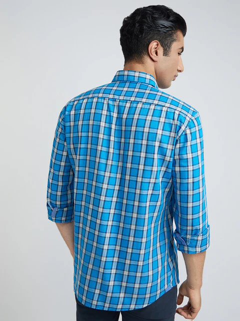 Men Blue Slim Fit Checks Cotton Full Sleeve Shirts - Image 4