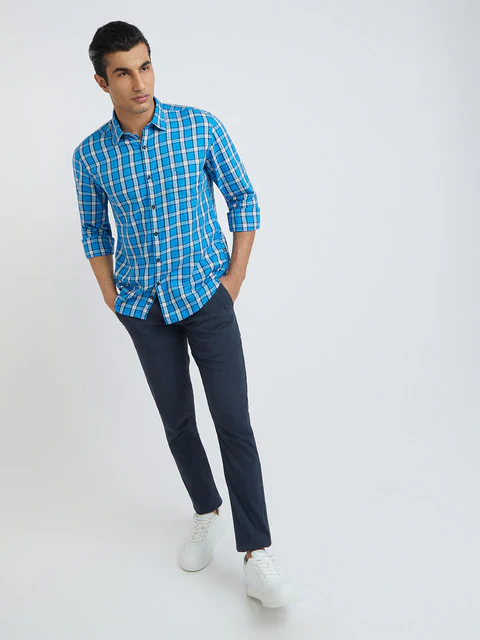 Men Blue Slim Fit Checks Cotton Full Sleeve Shirts - Image 5