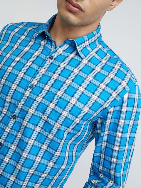 Men Blue Slim Fit Checks Cotton Full Sleeve Shirts - Image 6