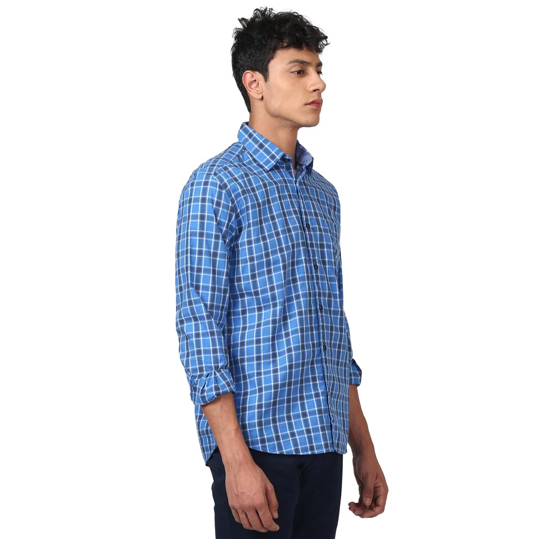 Men Blue Slim Fit Checks Cotton Full Sleeve Shirts - Image 2