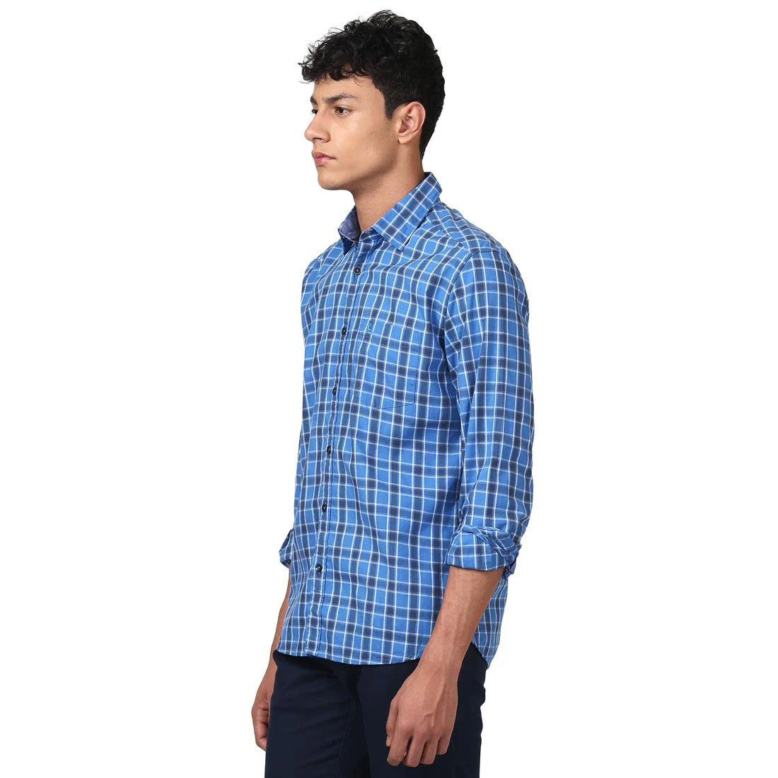 Men Blue Slim Fit Checks Cotton Full Sleeve Shirts - Image 3