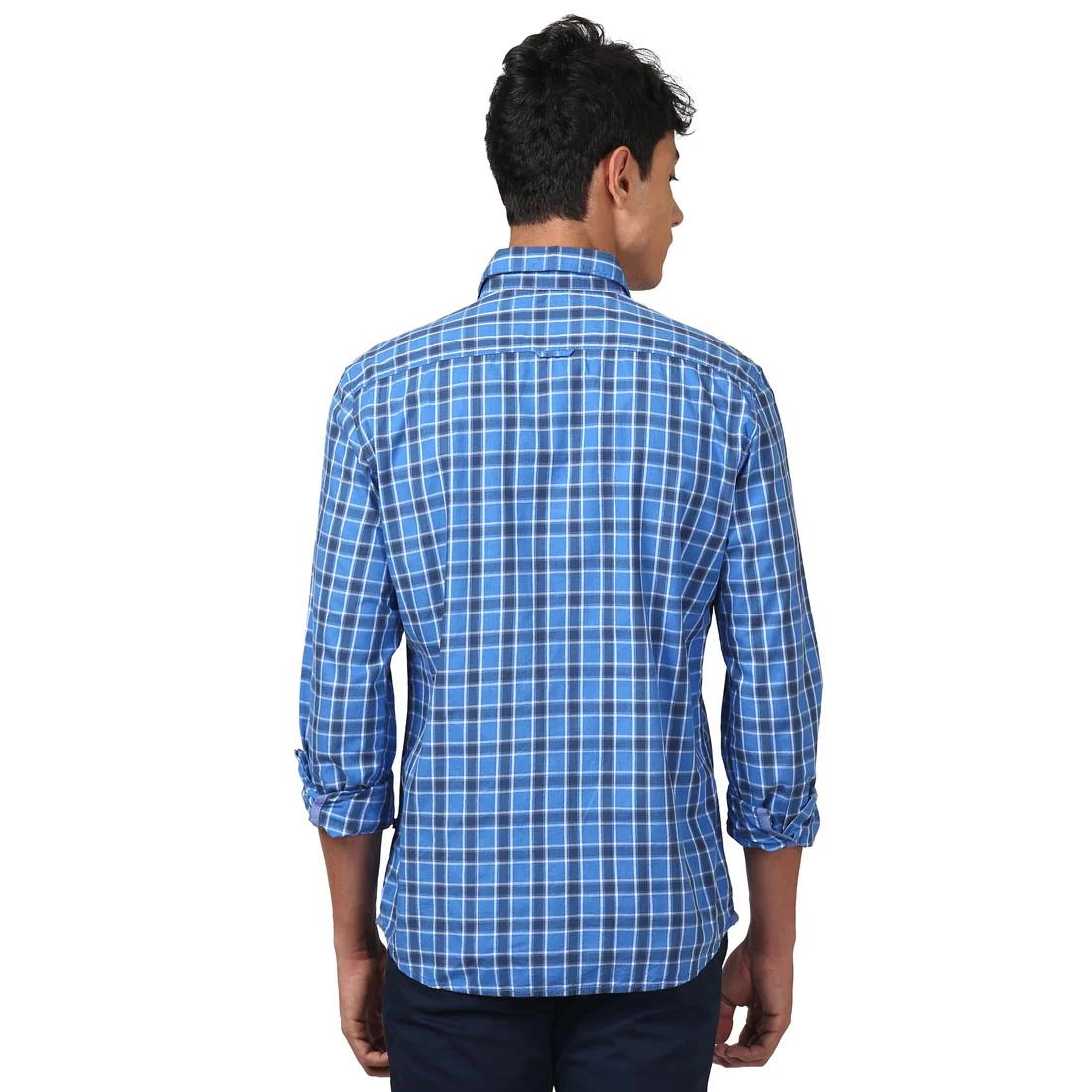 Men Blue Slim Fit Checks Cotton Full Sleeve Shirts - Image 4