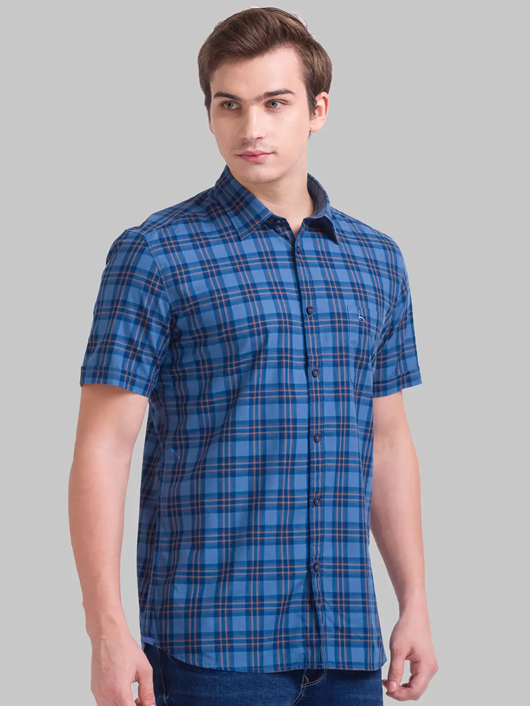 Men Blue Slim Fit Checks Cotton Half Sleeve Shirts - Image 2