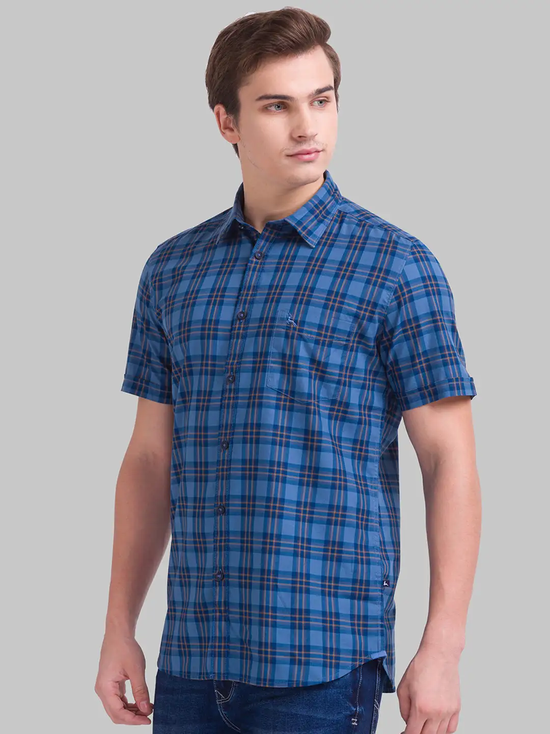 Men Blue Slim Fit Checks Cotton Half Sleeve Shirts - Image 3