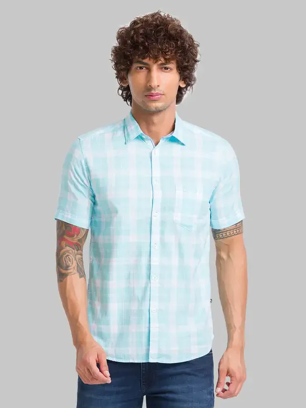 Men Blue Slim Fit Checks Cotton Half Sleeve Shirts