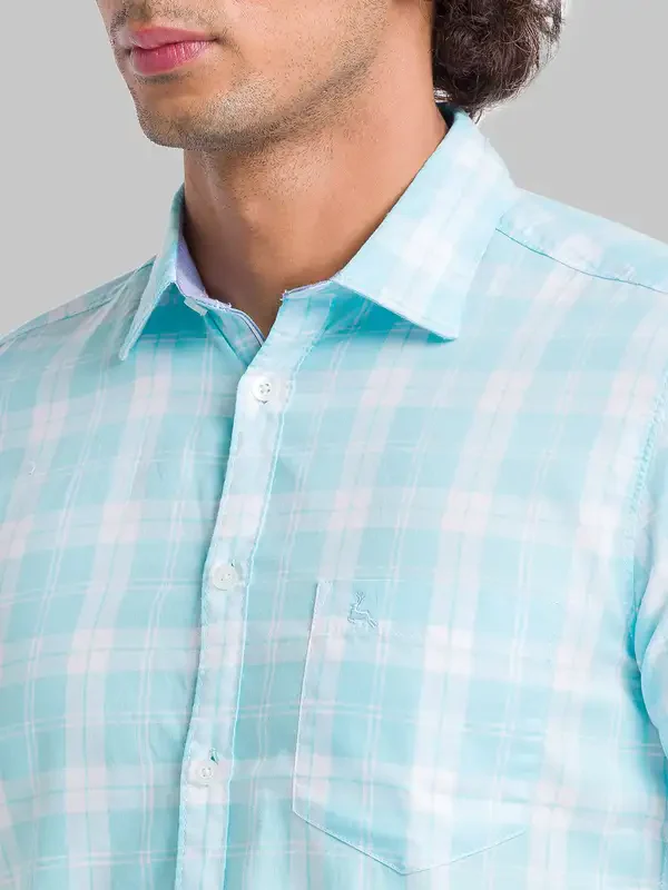 Men Blue Slim Fit Checks Cotton Half Sleeve Shirts - Image 6