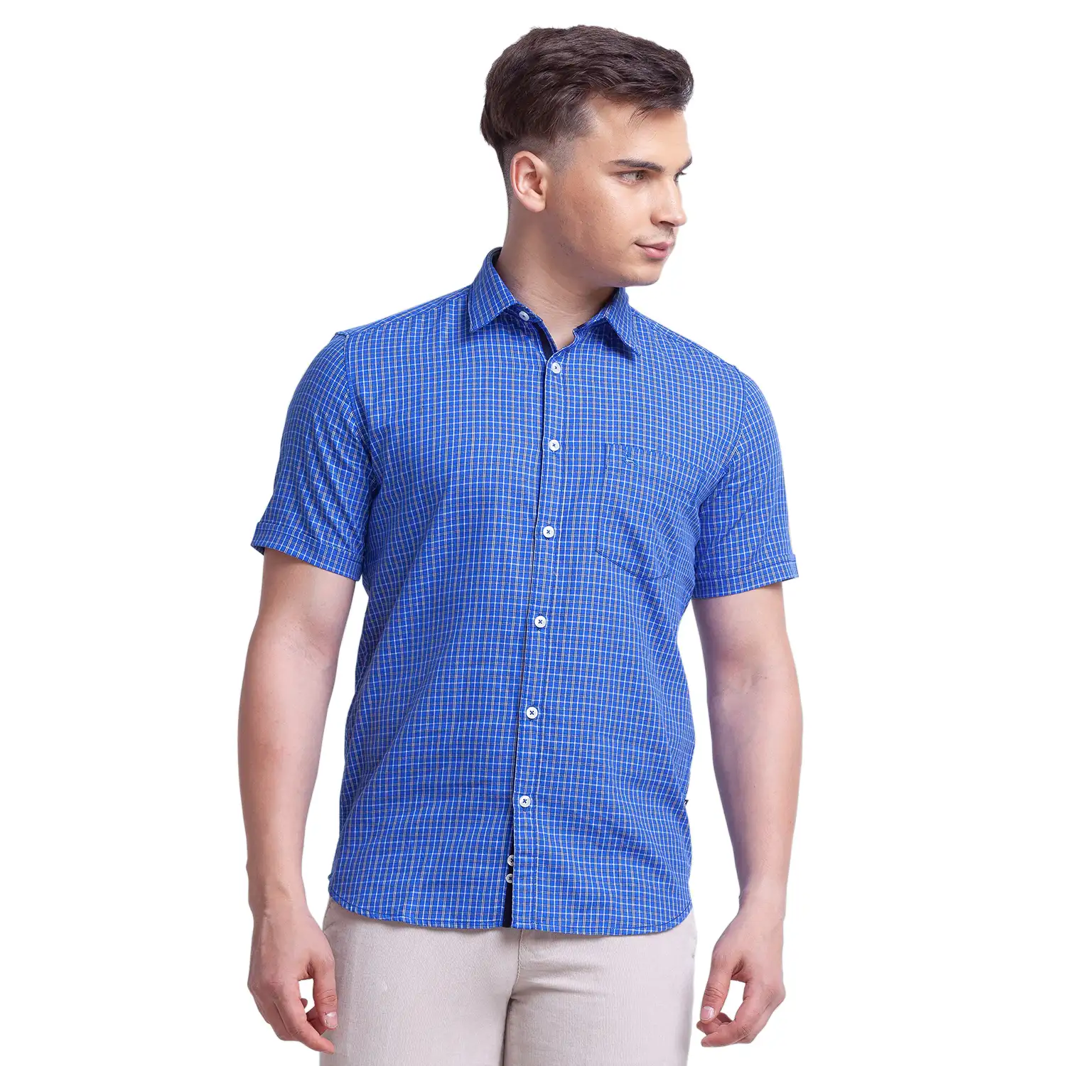 Men Blue Slim Fit Checks Cotton Half Sleeve Shirts