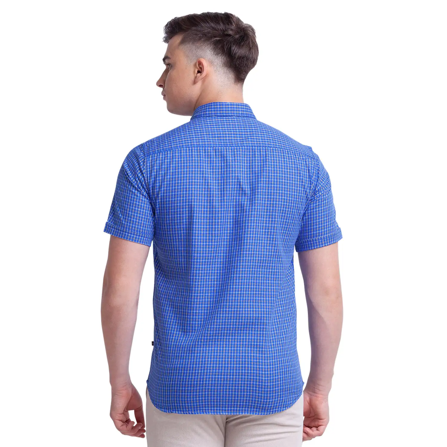 Men Blue Slim Fit Checks Cotton Half Sleeve Shirts - Image 4