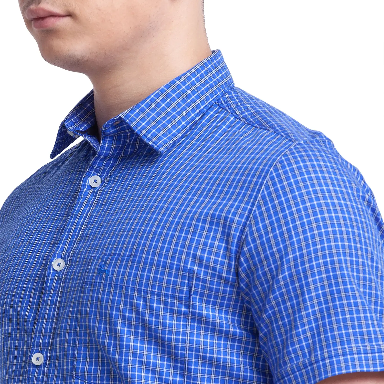 Men Blue Slim Fit Checks Cotton Half Sleeve Shirts - Image 6