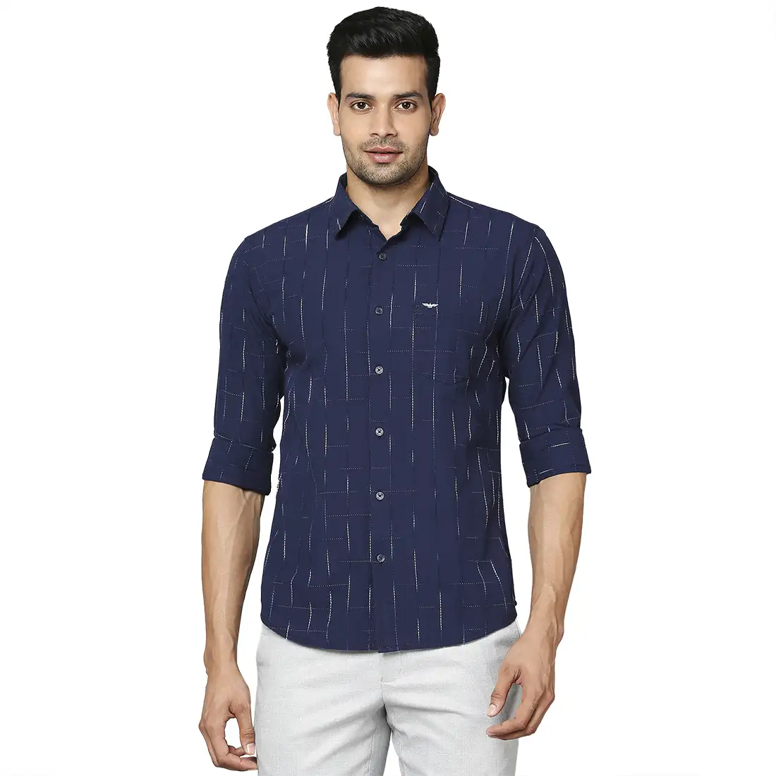 Men Blue Slim Fit Checks Cotton Regular Collar Shirts