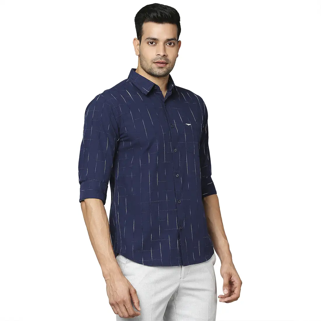 Men Blue Slim Fit Checks Cotton Regular Collar Shirts - Image 2