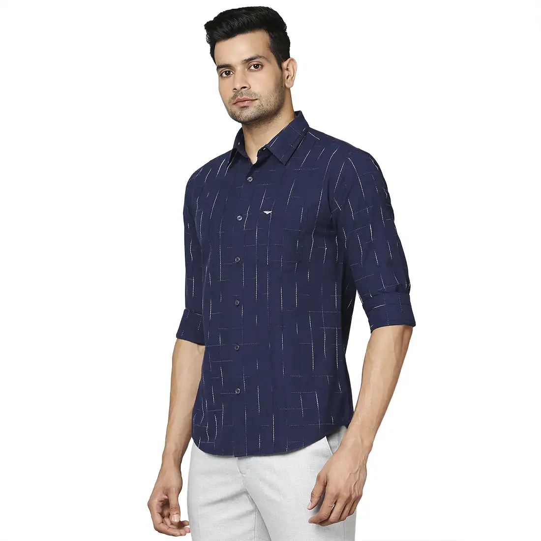 Men Blue Slim Fit Checks Cotton Regular Collar Shirts - Image 3