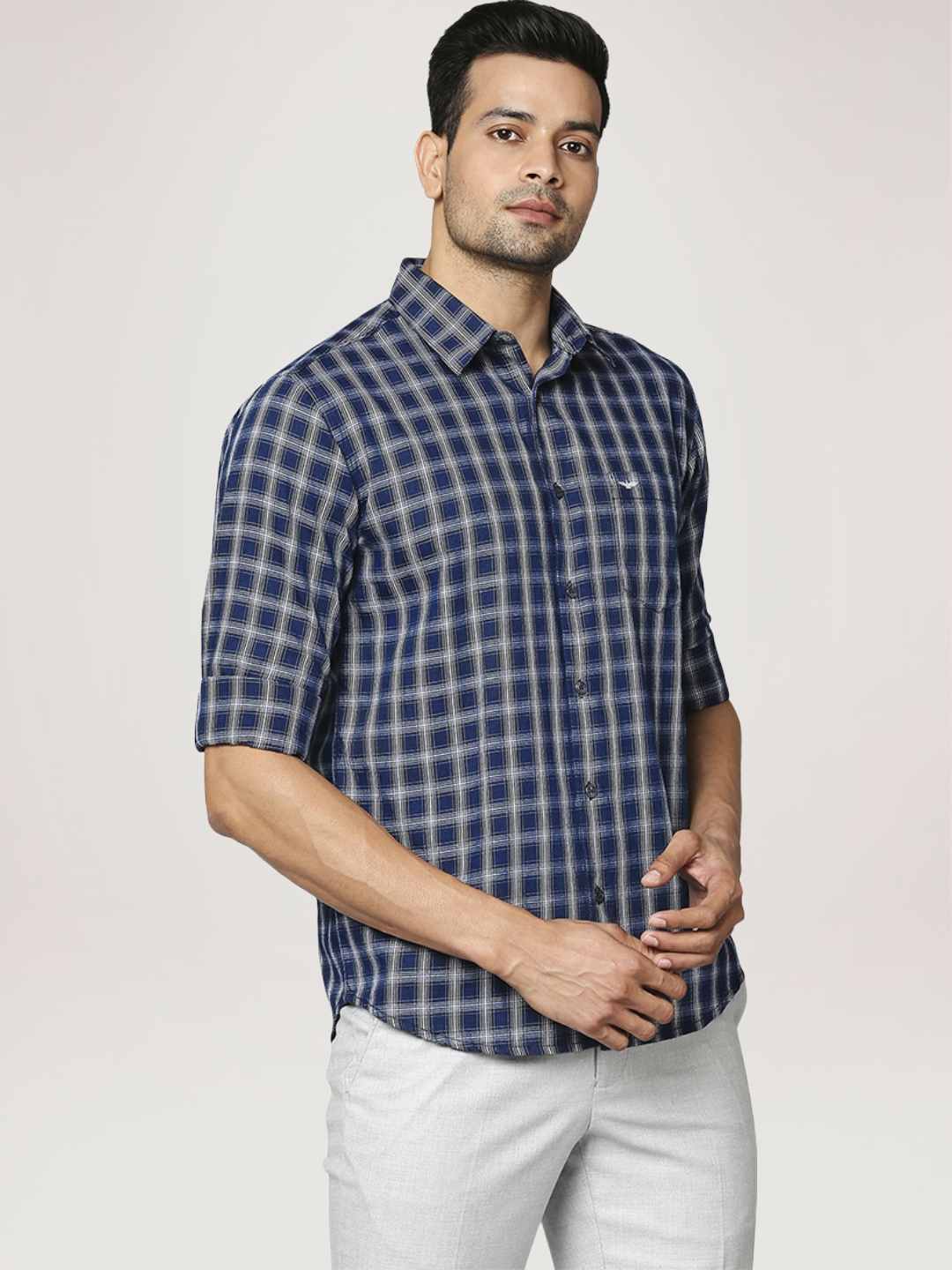 Men Blue Slim Fit Checks Cotton Regular Collar Shirts