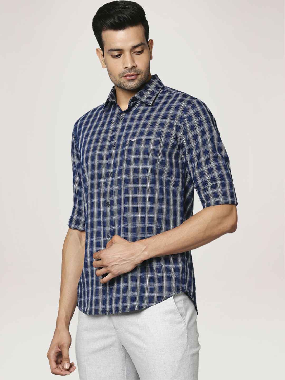 Men Blue Slim Fit Checks Cotton Regular Collar Shirts - Image 2