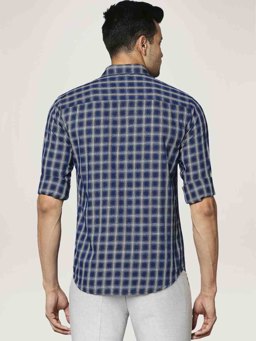 Men Blue Slim Fit Checks Cotton Regular Collar Shirts - Image 4